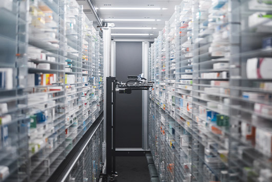 Pharmacy storage. Aisle full of medicine.