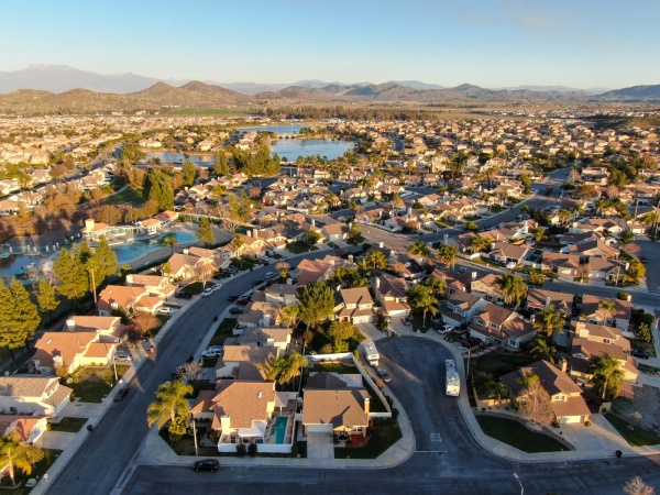 Aerial view of Menifee neighborhood, residential subdivision vila during sunset. Riverside County, California, United States