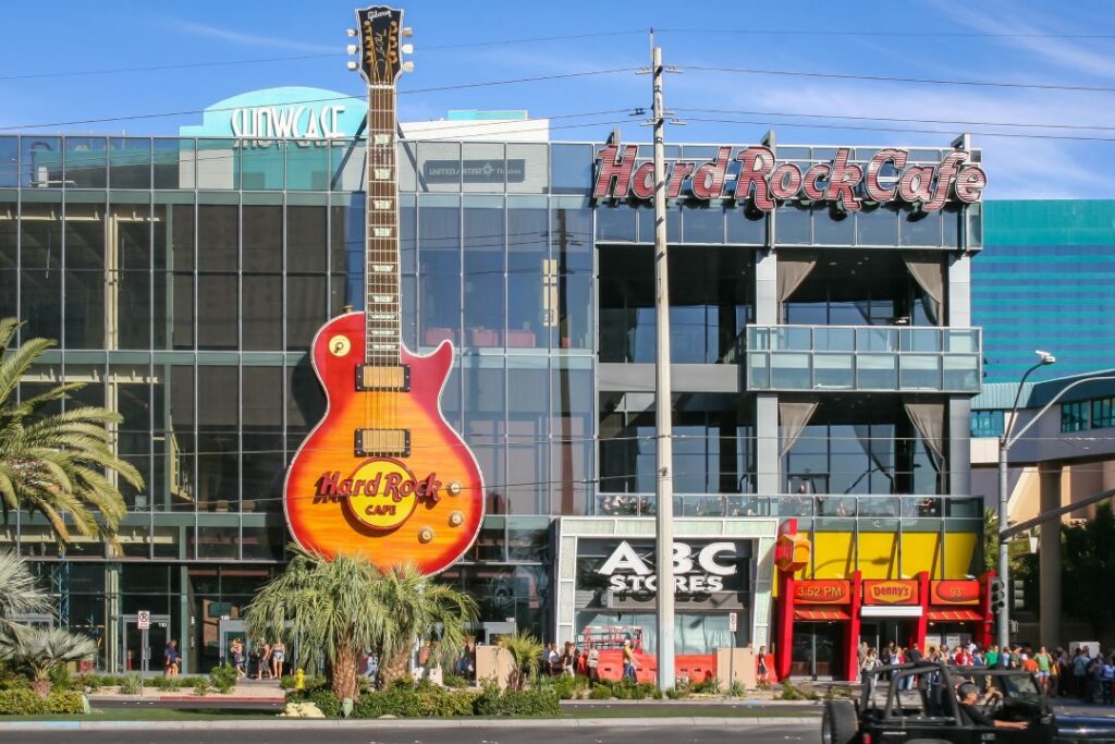 LAS VEGAS, UNITED STATES - Aug 16, 2017: The glass building of Hard rock cafe with the stores on the first ground in Las Vegas
