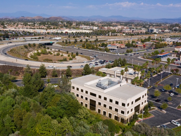 Daytime aerial view of the downtown business district of Murrieta, California, USA.