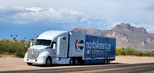 North American Van Lines moving truck on a desert highway