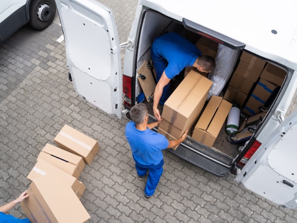 Open Truck Delivery. Mover Men Moving Boxes