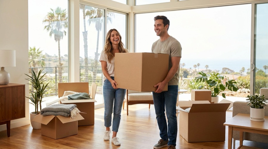 Couple carrying a moving box into their new home