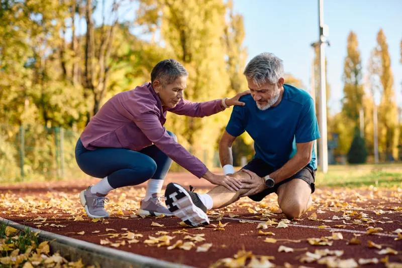 Mature runner feeling pain in his knee while jogging with his wife in autumn park.