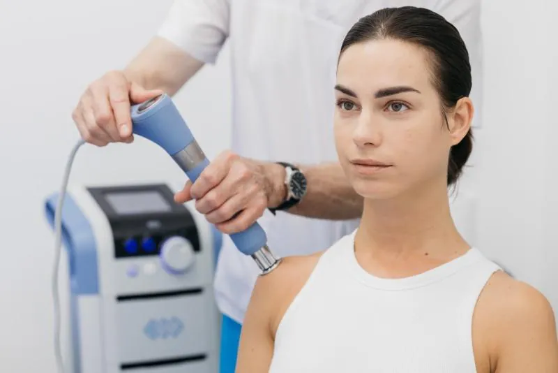 Close-up view of shock wave therapy being administered to a woman's shoulder, with a therapist using a device and medical equipment visible in the background