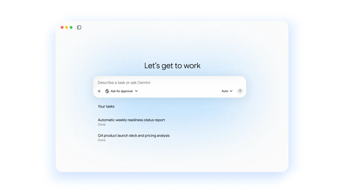 Google's announced Gemini agent interface with a task prompt and completed work items