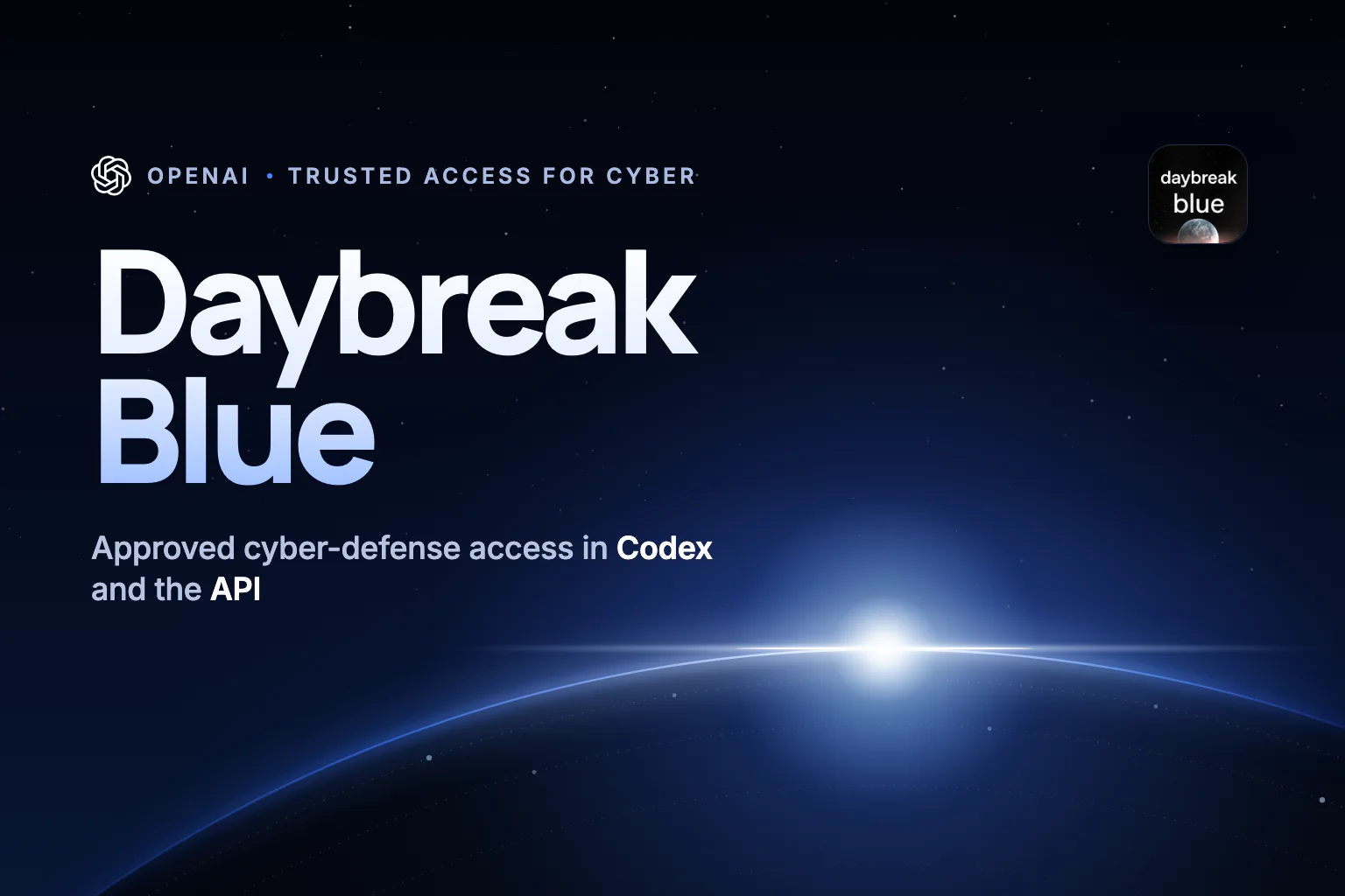 Gráfico editorial Daybreak Blue com o logotipo OpenAI, o emblema oficial Daybreak Blue e um nascer do sol azul no horizonte de um planeta