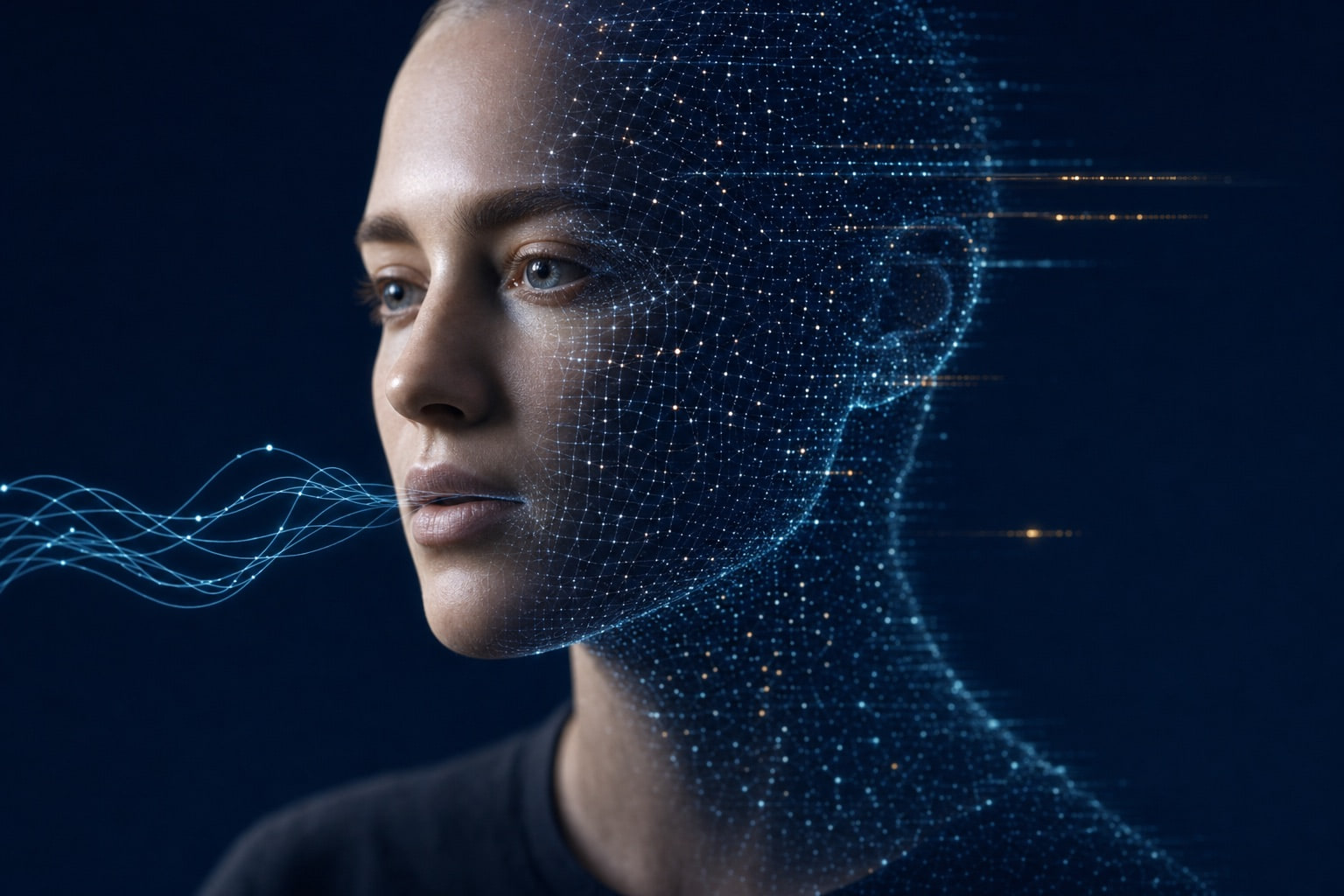 Um retrato humano digital meio fotorrealista e meio dissolvido em uma nuvem de pontos luminosos