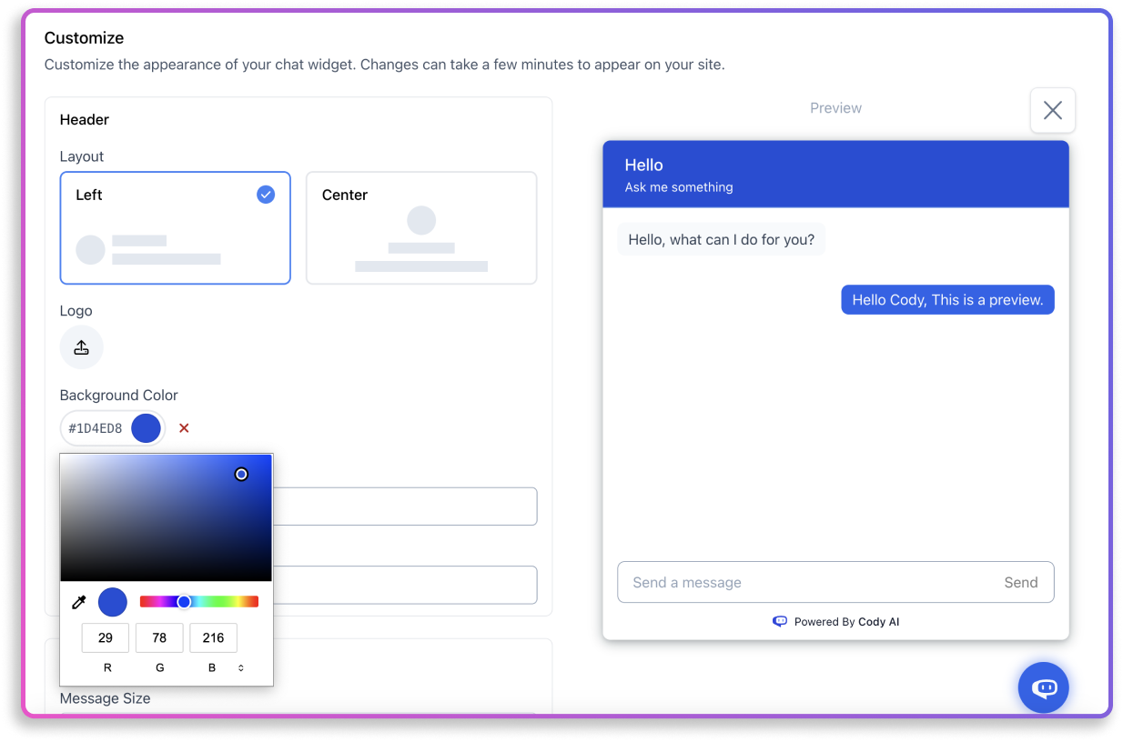 Interfaz de personalización del widget del sitio web Cody