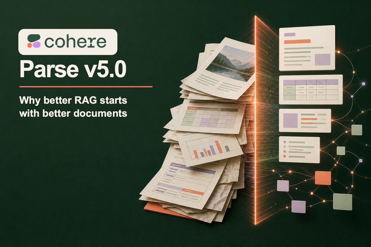 Cohere Parse v5.0 transforma uma pilha de documentos confusos em cartões estruturados e nós de recuperação conectados