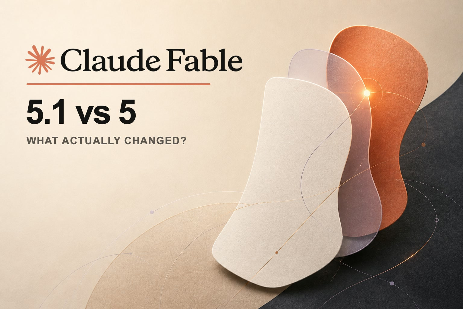 Logotipo e ícone Claude Fable ao lado de 5.1 vs 5 em um fundo editorial aconchegante de formas abstratas em camadas