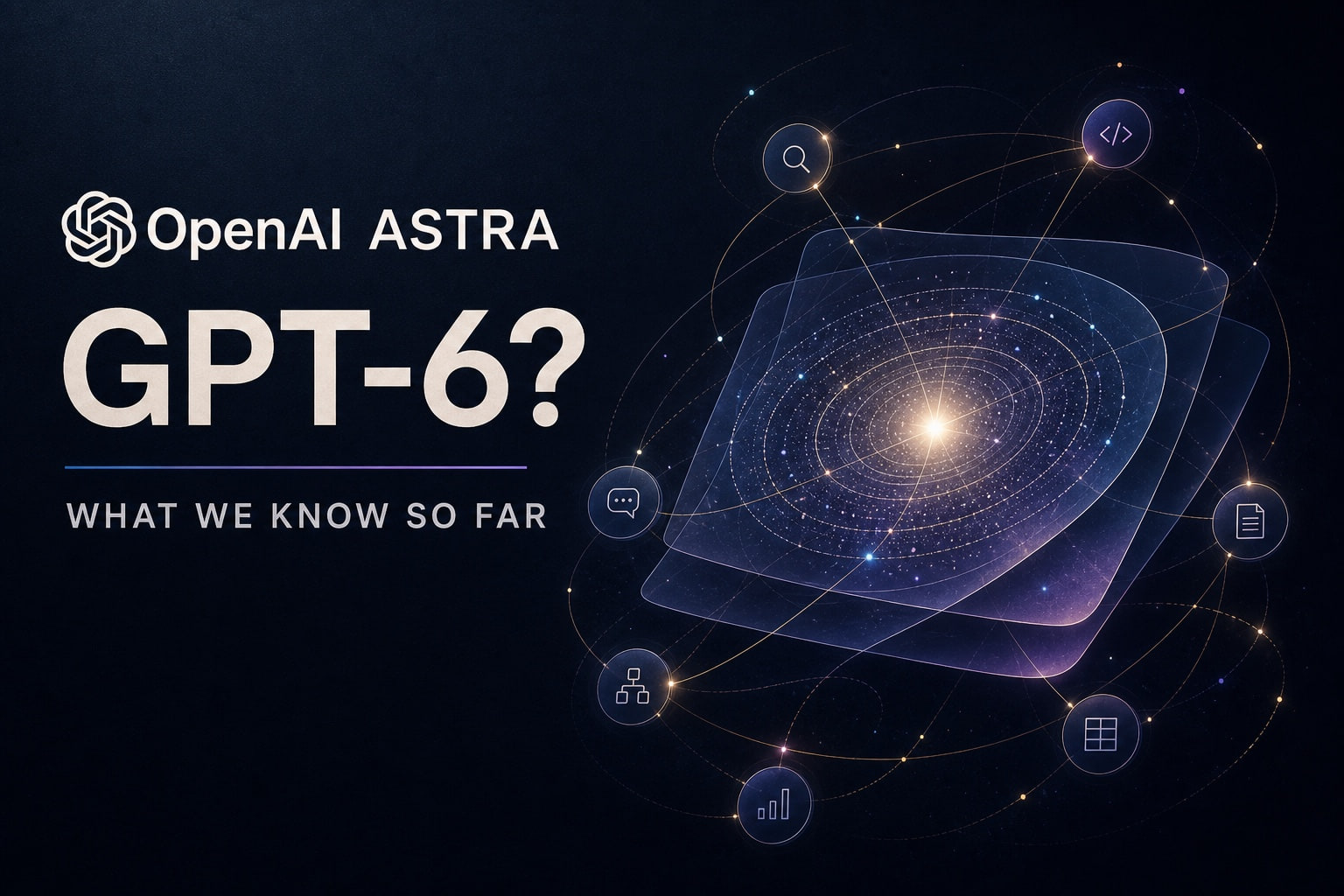 Gráfico editorial OpenAI Astra com GPT-6 mostrado como uma pergunta e ferramentas de agente conectado orbitando um núcleo de modelo luminoso