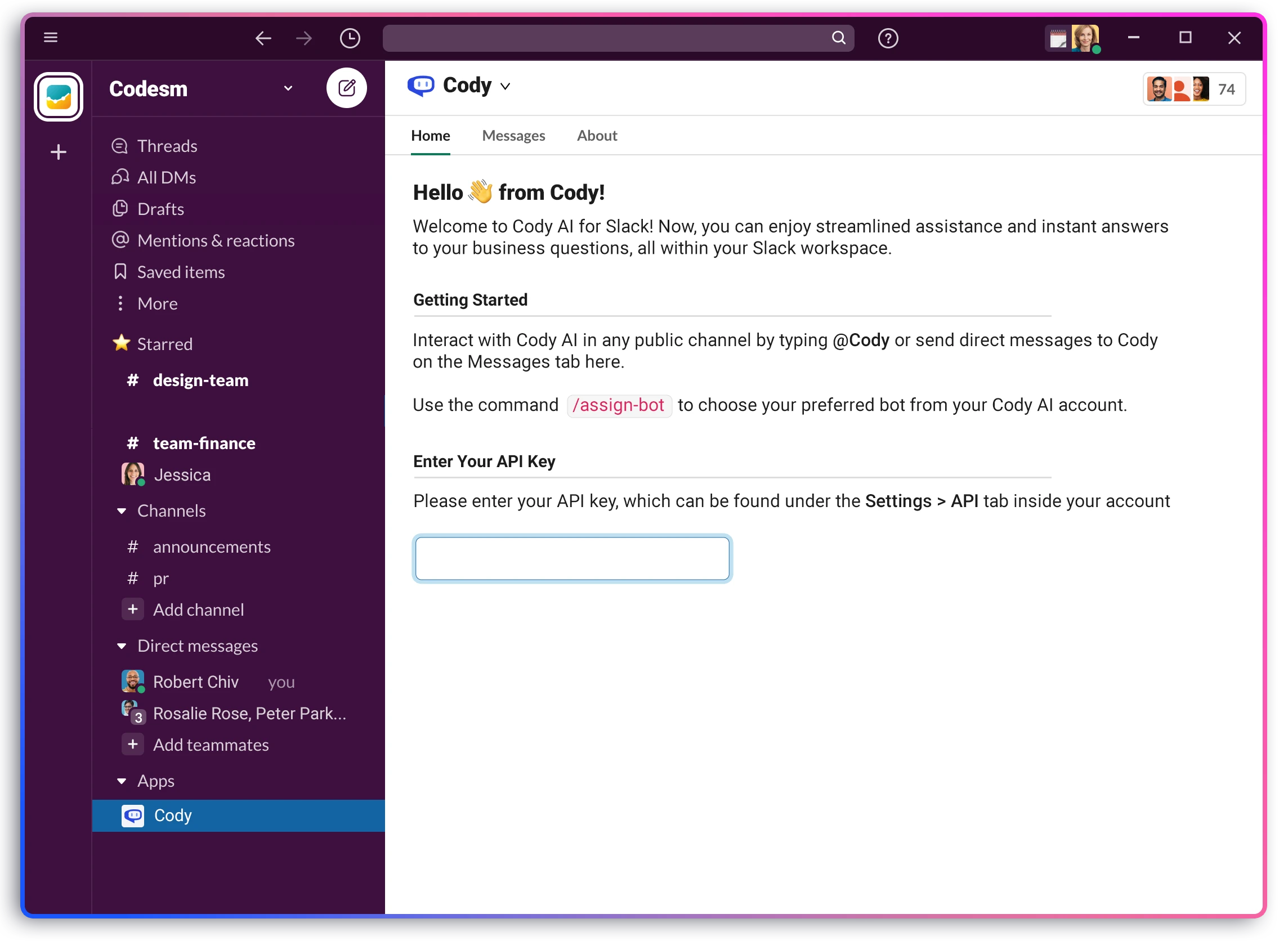 Configuración del asistente de IA Cody dentro de un espacio de trabajo Slack