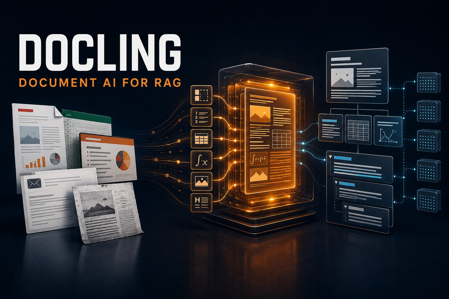 Ilustração de IA do documento Docling mostrando PDFs, planilhas, slides, e-mails e digitalizações se tornando conteúdo estruturado para RAG