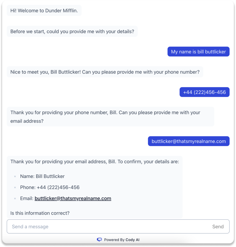 Demo chat displaying the prompt in use.