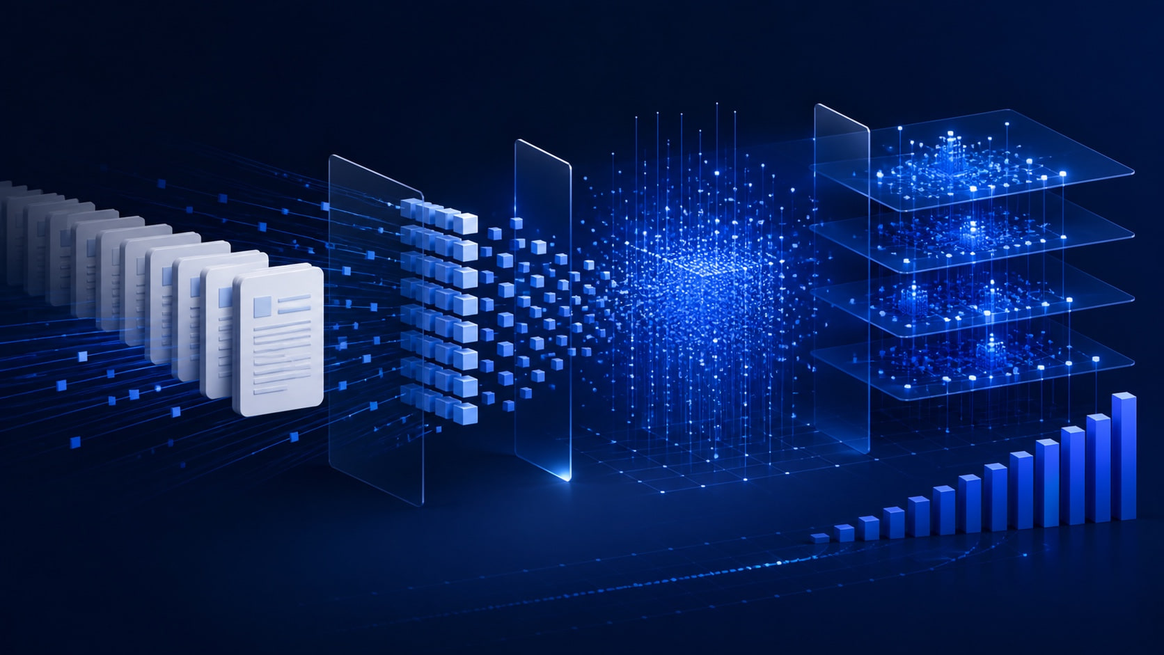 Documentos comerciais se transformam em vetores de incorporação geométrica e em um índice de recuperação RAG organizado